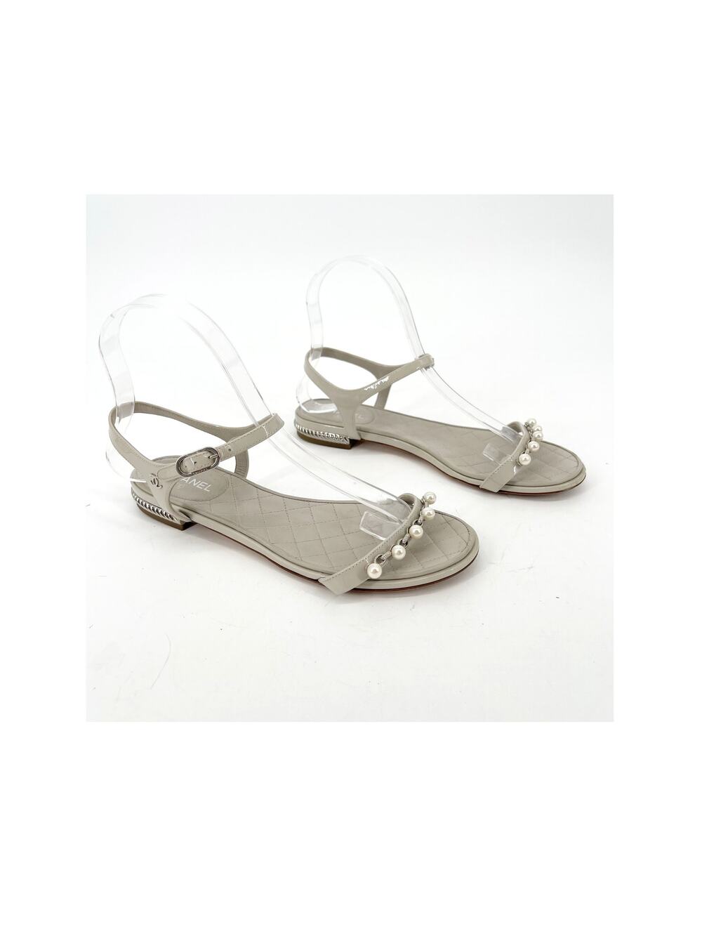 Chanel 37C Gray Quilted Leather Faux Pearl CC Logo Ankle Strap Flat Sandals